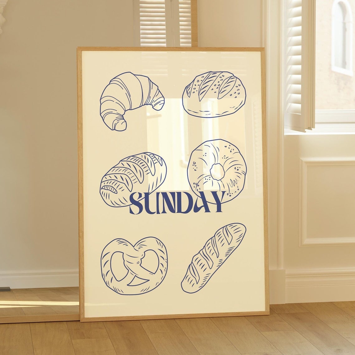 Sunday Bakery Blue Line Bread Illustration Kitchen Wall Poster