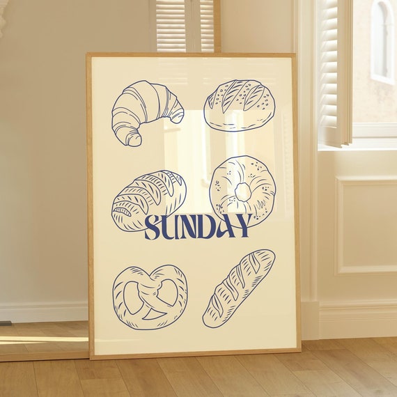Vintage Bakery Wall Art Bread Poster Sunday Aesthetic Poster Breakfast Club Print Pastry Wall Art Blue Retro Kitchen Art Print