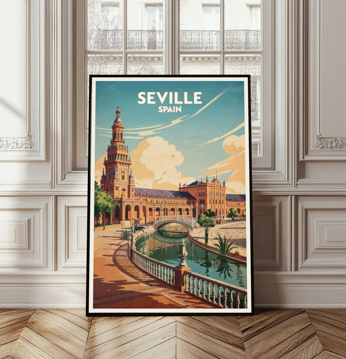 Seville Spain Plaza de Espana Canal Arches Retro Travel Poster