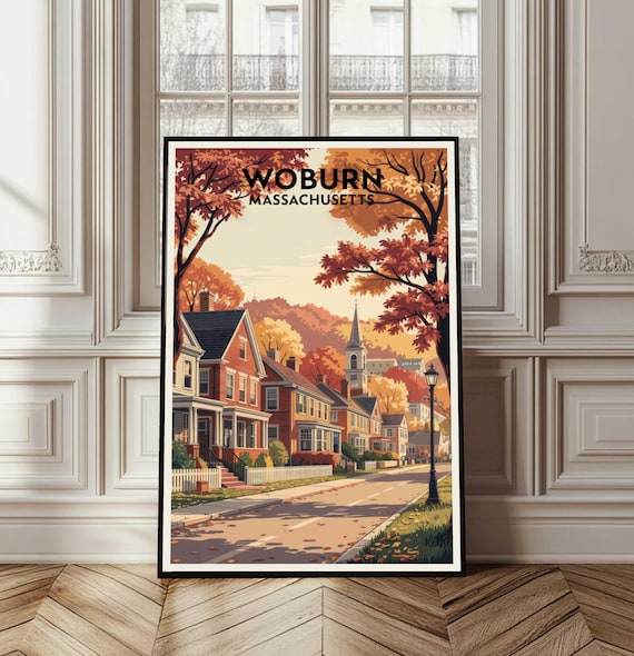 Woburn Massachusetts Vintage Travel Poster Autumn Street Scene