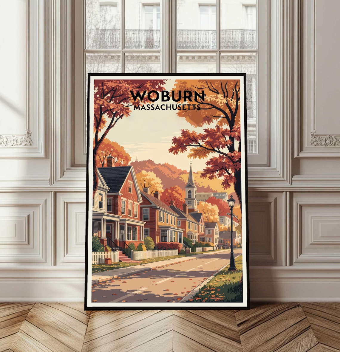 Woburn Massachusetts Vintage Travel Poster Autumn Street Scene