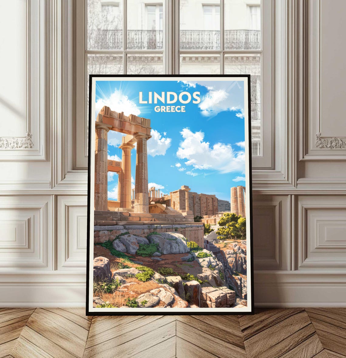 Lindos Greece Ancient Acropolis Columns Vintage Travel Poster Ruins