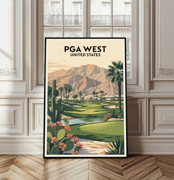 PGA West Desert Golf Course With Cacti And Mountains Travel Poster