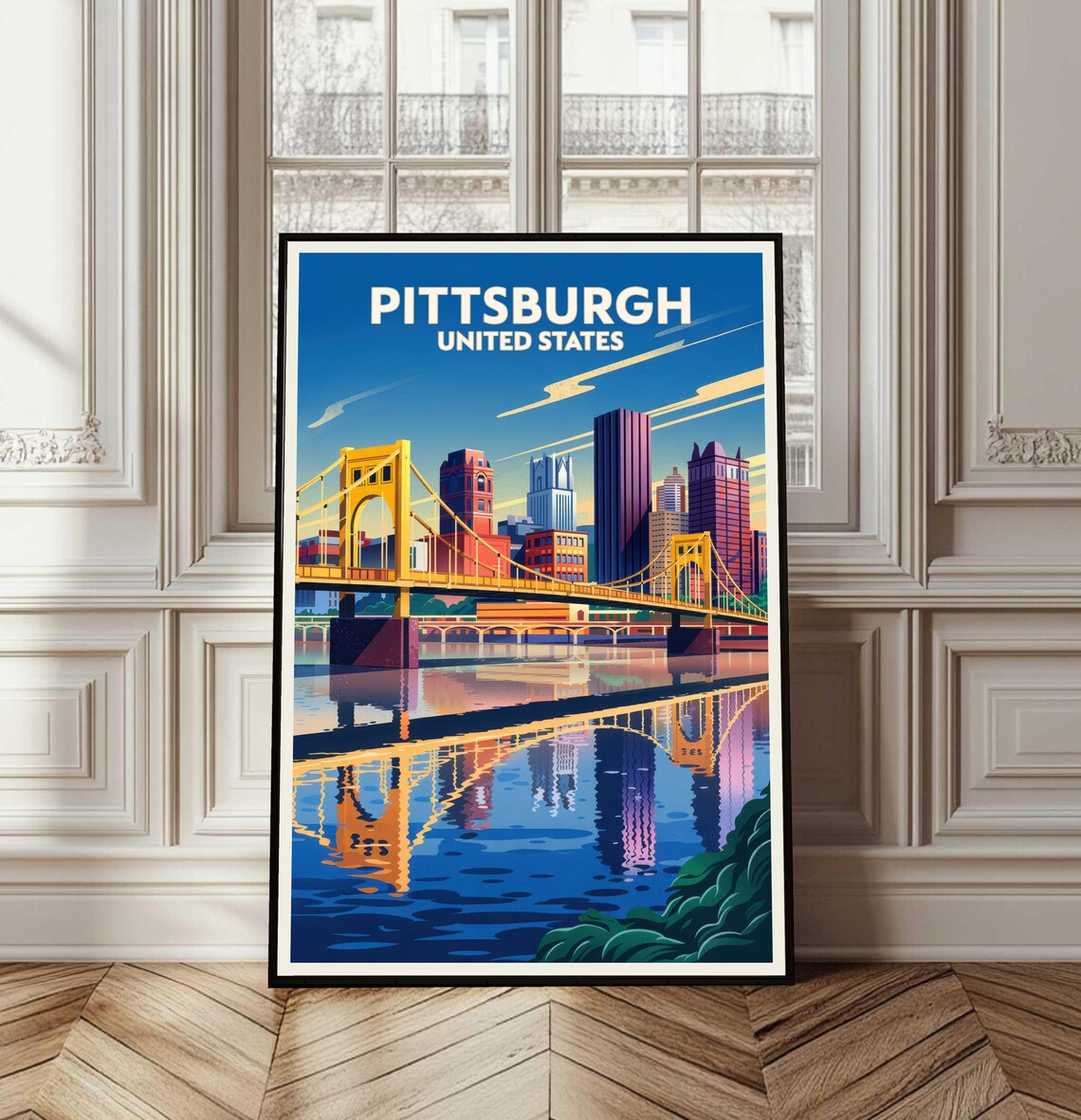 Pittsburgh United States Vintage Travel Poster Yellow Bridge Skyline Art