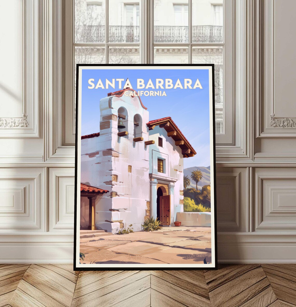 Santa Barbara California Spanish Mission Church Travel Poster