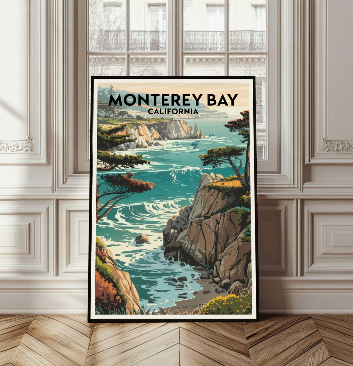 Monterey Bay California Rocky Coastline Vintage Travel Poster