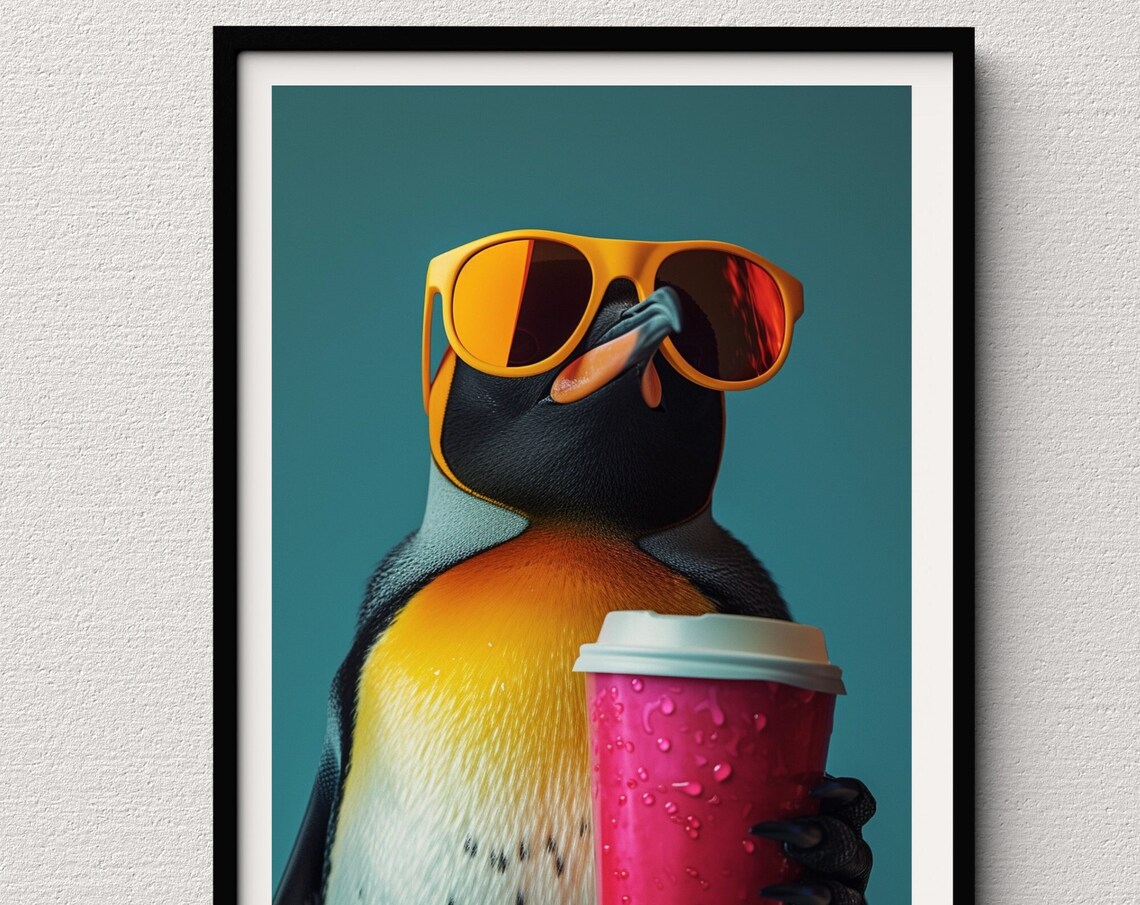 Penguin in Orange Sunglasses Holding Pink Coffee Cup Teal Pop Poster