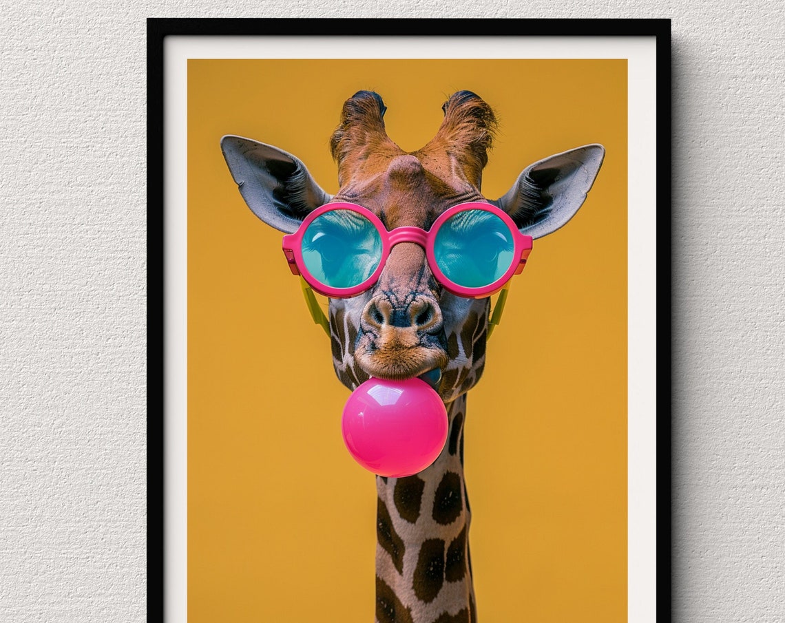 Giraffe in Pink Round Sunglasses Blowing Bubblegum Yellow Pop Poster
