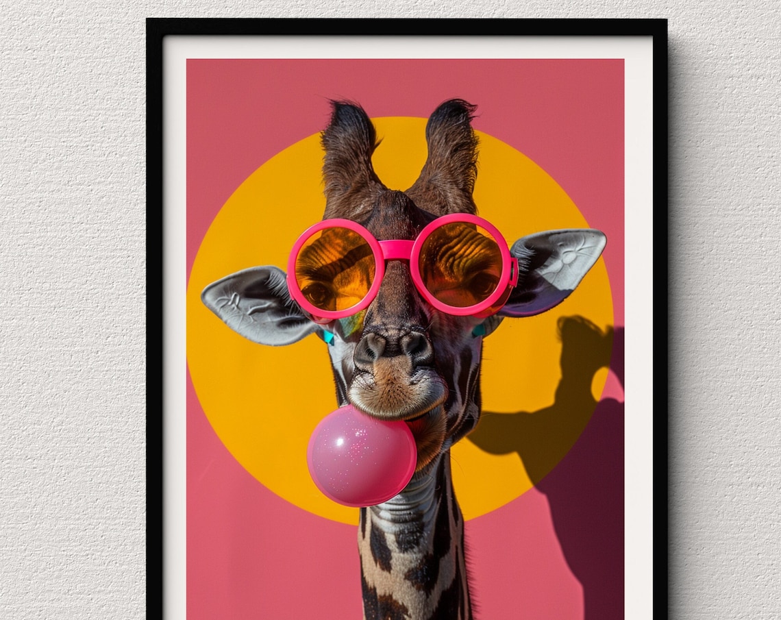 Giraffe Blowing Pink Bubblegum in Round Sunglasses Sunset Pop Poster