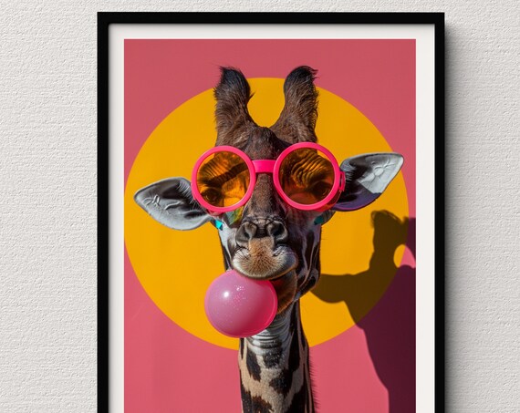 Giraffe Blowing Pink Bubblegum in Round Sunglasses Sunset Pop Poster