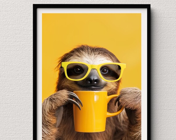 Cute Sloth in Yellow Sunglasses Holding Yellow Coffee Mug Pop Poster