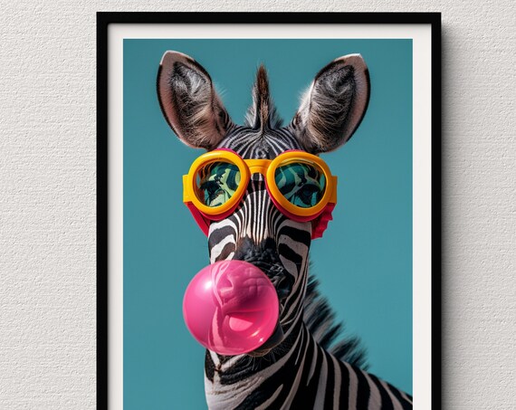 Zebra With Yellow Goggles Blowing Pink Bubblegum Teal Pop Art Poster