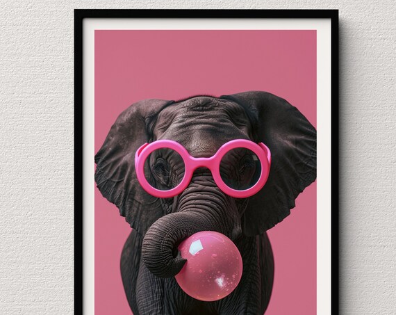 Baby Elephant in Pink Sunglasses Blowing Bubblegum With Trunk Poster