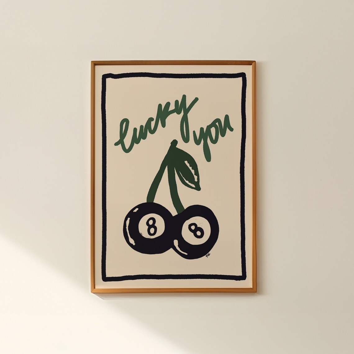 Lucky You Eight Ball Cherries Green Script Retro Fun Art Poster