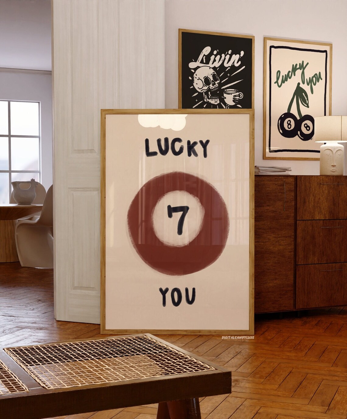 Lucky You Billiard Number Seven Ball Retro Typography Wall Poster