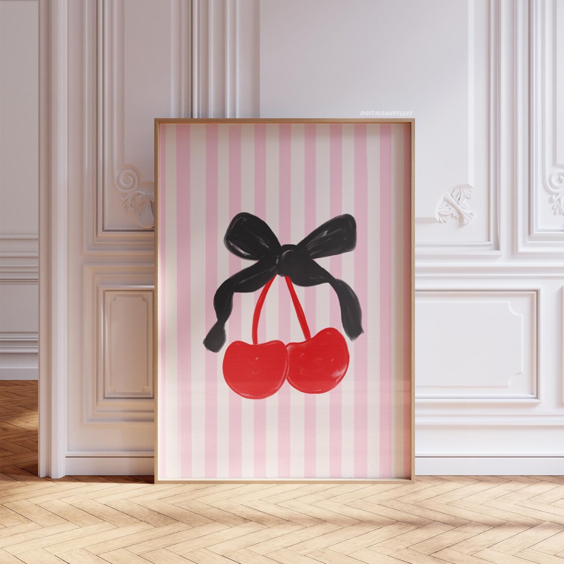 Red Cherries Black Bow Pink Stripes Coquette Playful Art Poster