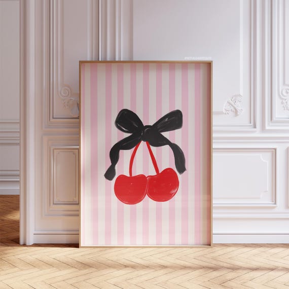 Dainty Cherry Bow Print Pink Wall Art Prints Girly Wall Decor Bedroom Posters Aesthetic Coquette Prints Pink Retro Wall Art Print Feminine