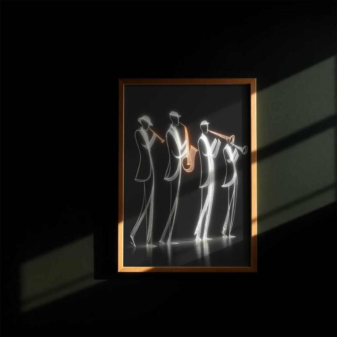 Four Jazz Musicians in Glowing White Line Art on Black Poster