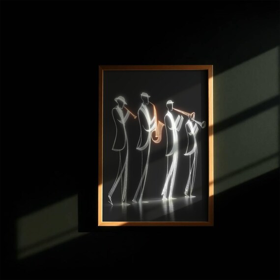 Four Jazz Musicians in Glowing White Line Art on Black Poster