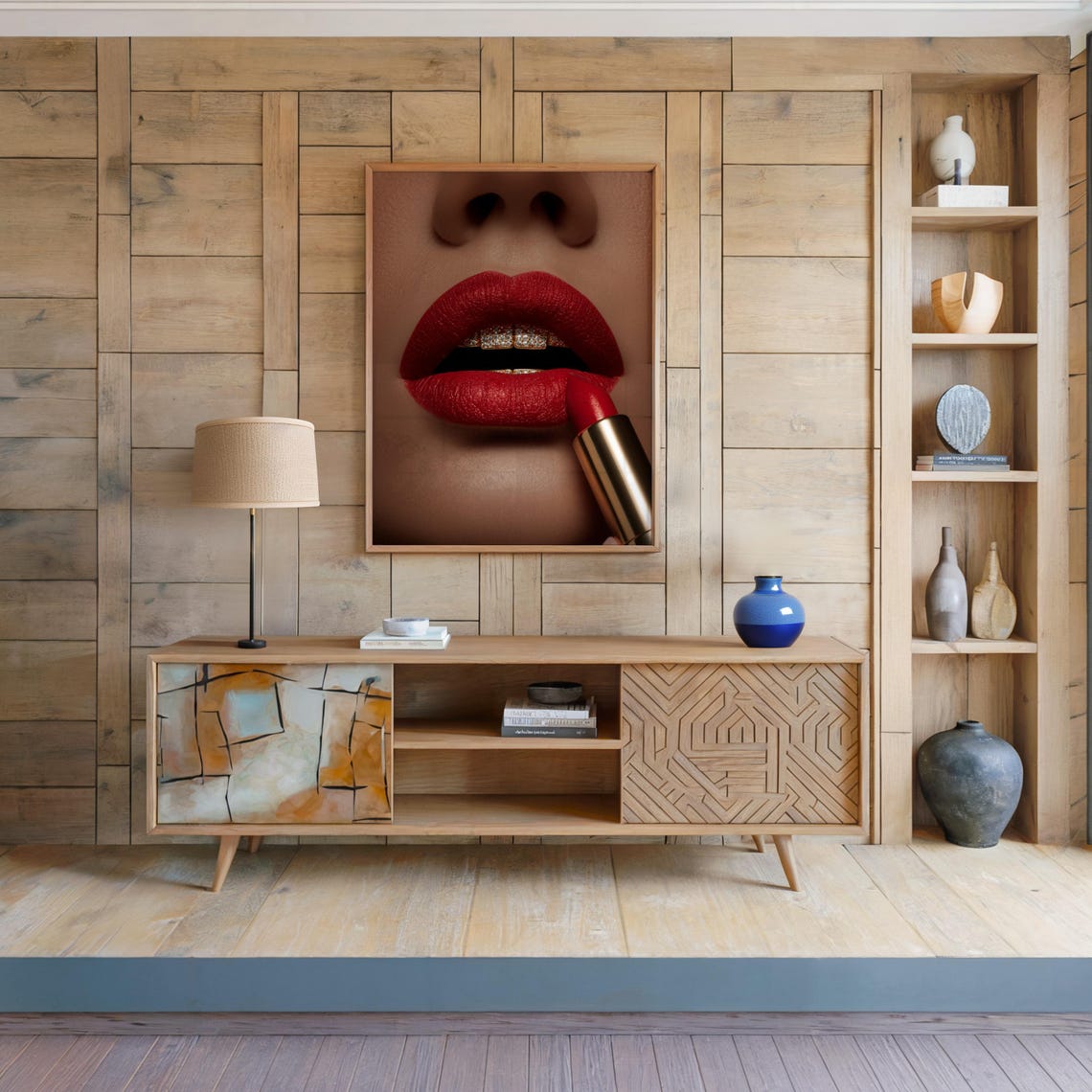 Red Lips Gold Teeth and Lipstick Luxe Glam Beauty Art Poster