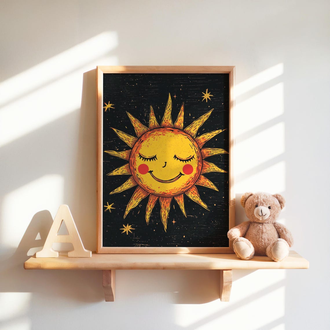 Smiling Rosy Cheeked Sun Nursery Cheerful Starry Sky Kids Poster