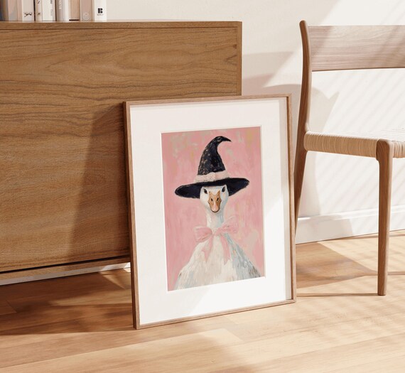 Witch Hat Goose Pink Bow Cute Halloween Coquette Watercolor Art Print
