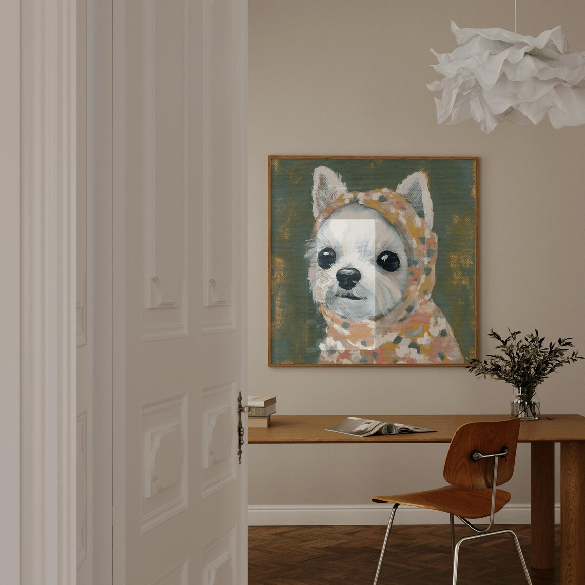 White Yorkshire Terrier Puppy In Floral Bonnet Cute Dog Poster