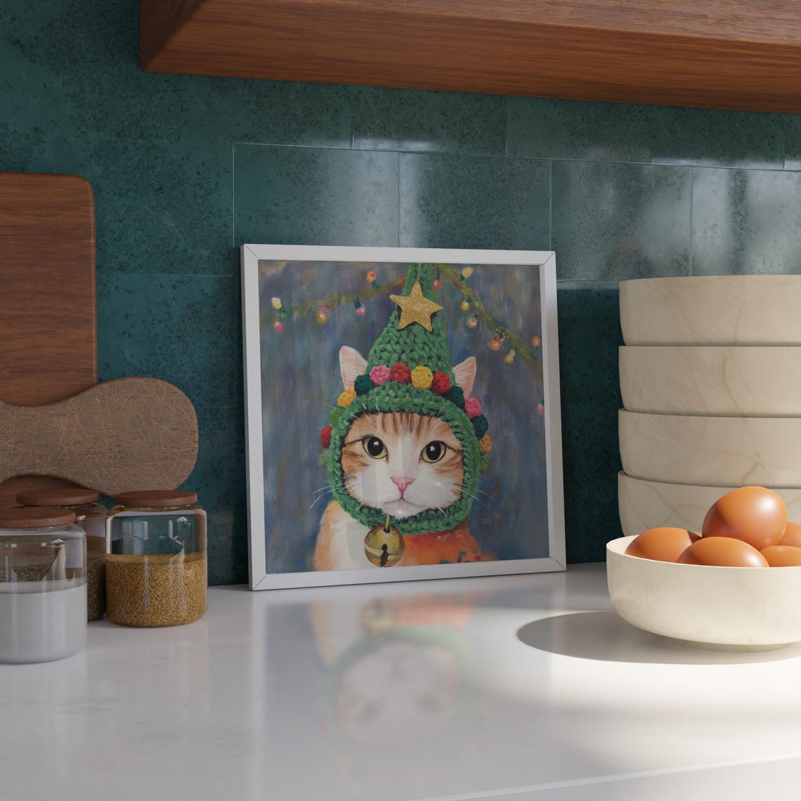 Kitten Wearing Crocheted Christmas Tree Hat with Jingle Bell Poster - Image 2
