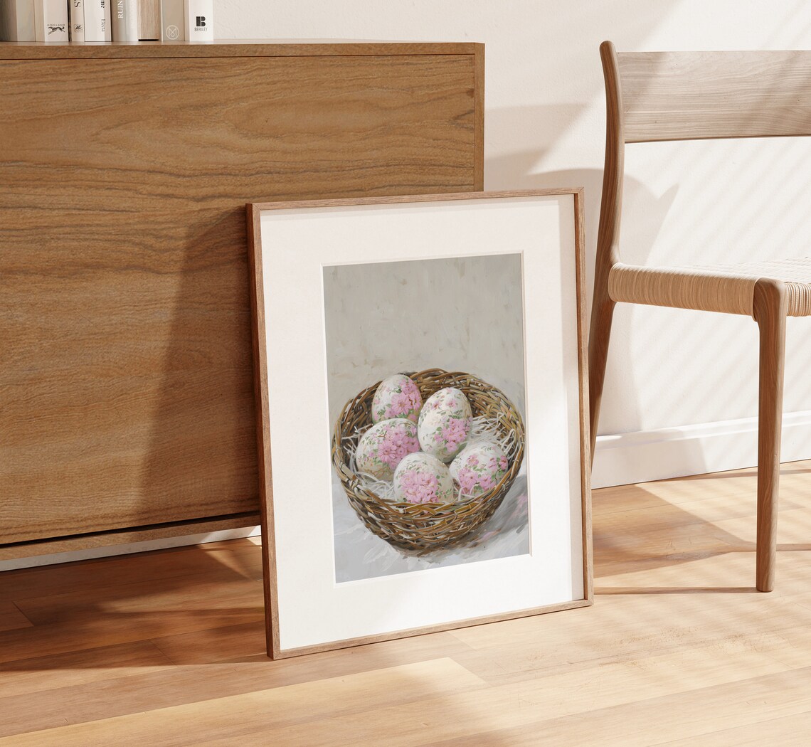 Basket of Floral Easter Eggs Wicker Still Life Painting Art Print - Image 4