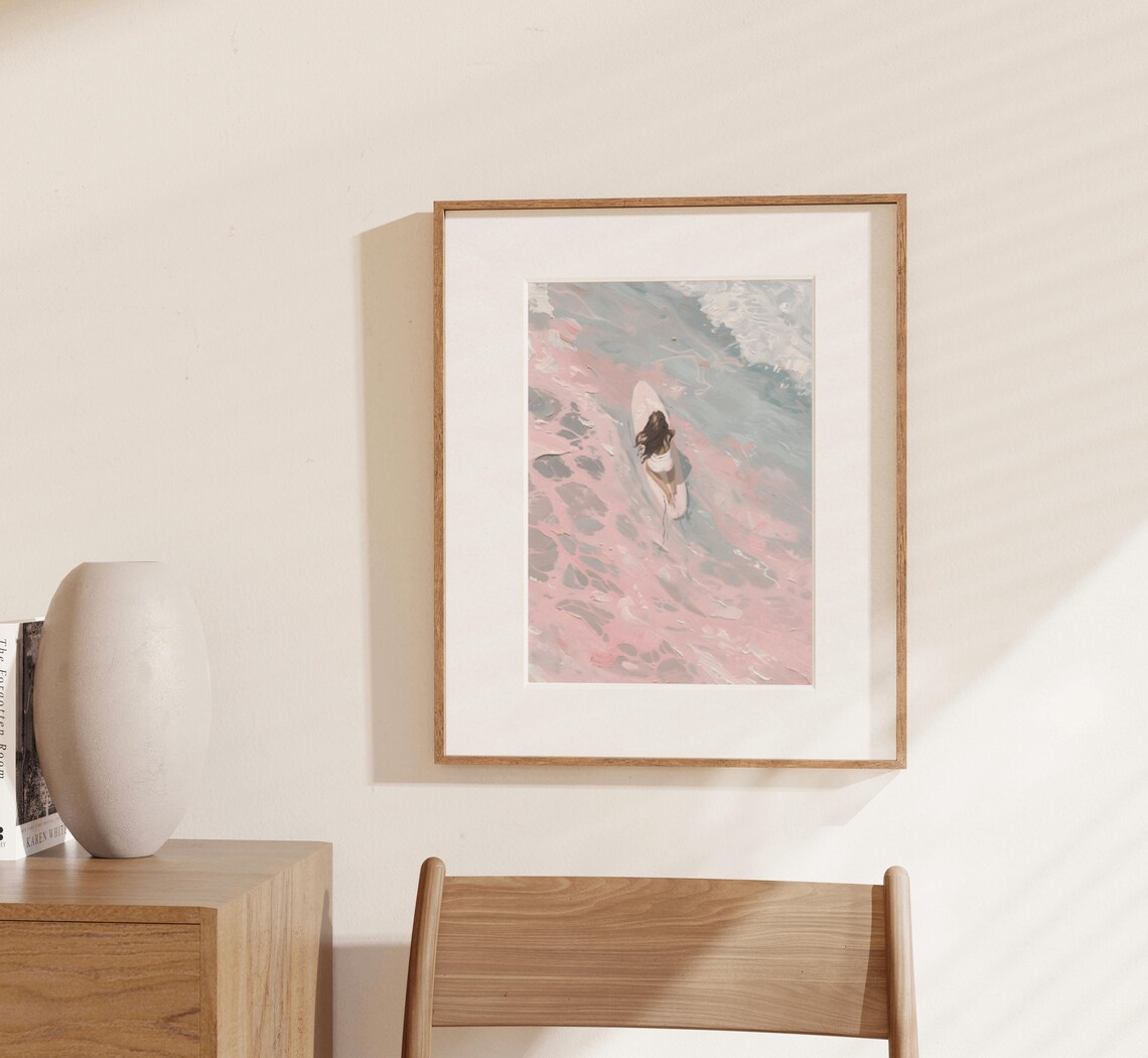 Surfer Girl on Paddleboard in Pink Ocean Aerial Coastal Art Print - Image 3