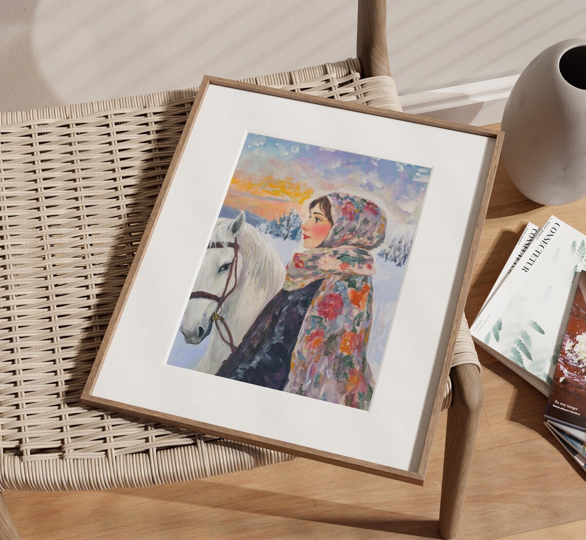 Lady And Her Horse Winter Babushka Equestrian Winter Scene Farmhouse Christmas Decor Winter Horses Horse Lover Gift Horse Mom - Image 3