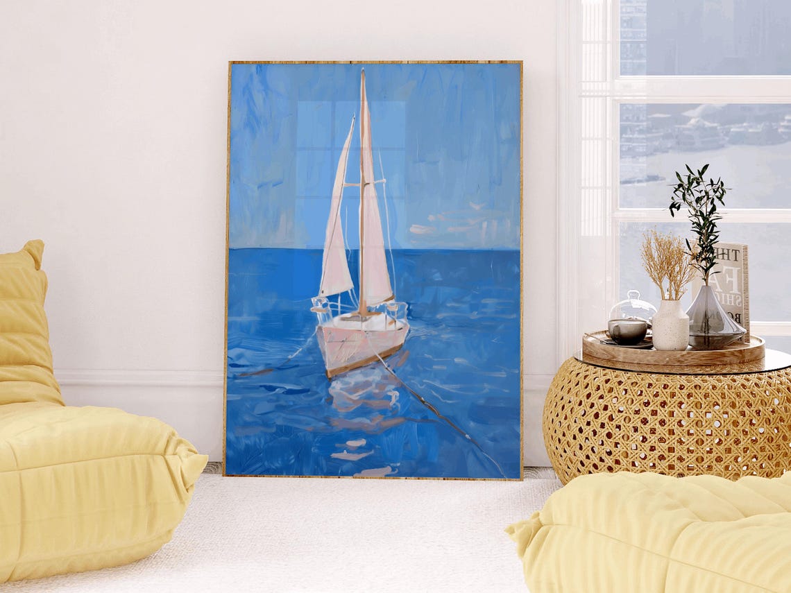 Painted White Sailboat On Open Blue Ocean Calm Waters Poster - Image 3