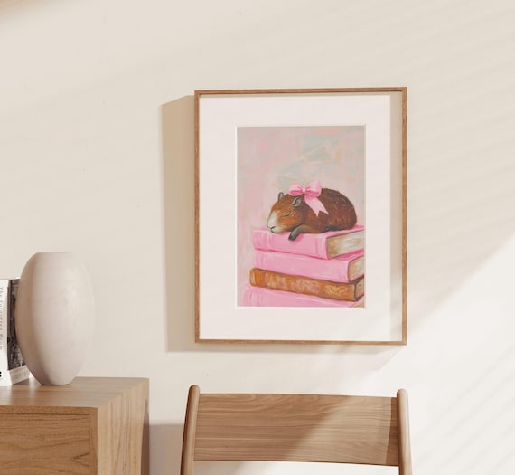 Sweet Sleepy Capybara Pink Book Stack Bow Nursery Reading Poster