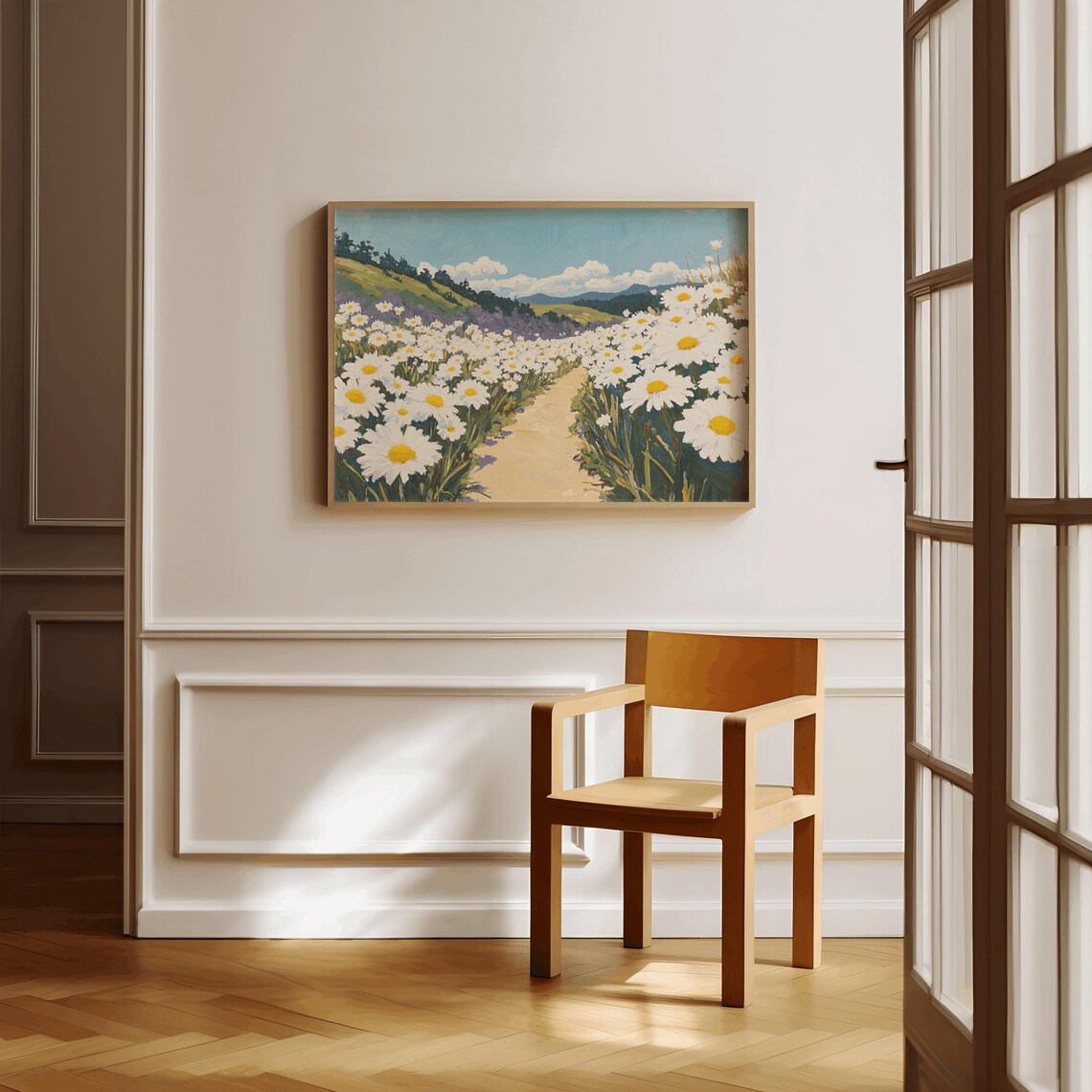 White Daisy Path Painting Field Of Daisies Hills Landscape Poster