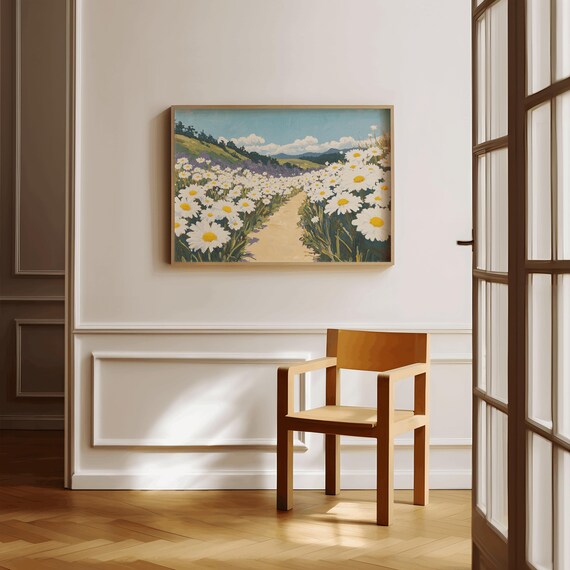 White Daisy Path Painting Field Of Daisies Hills Landscape Poster