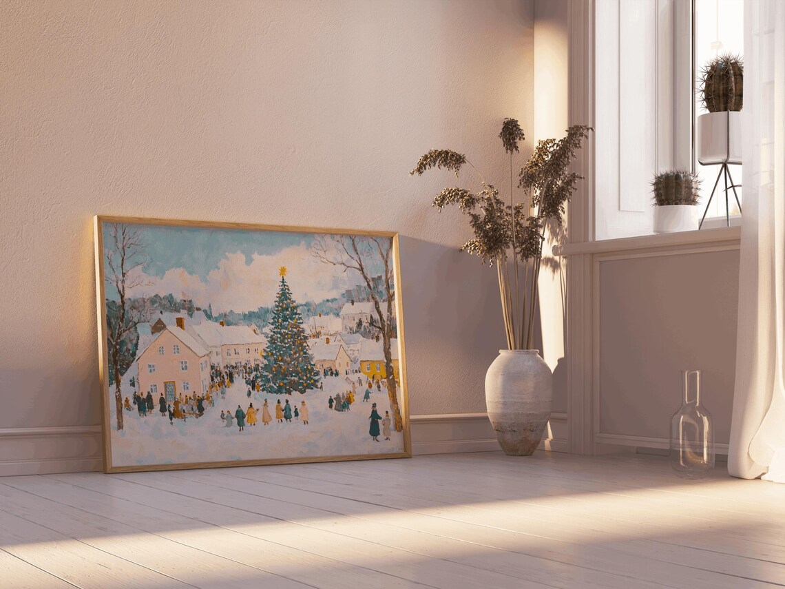 Winter Village Square Christmas Tree Gathering Holiday Scene Poster - Image 2