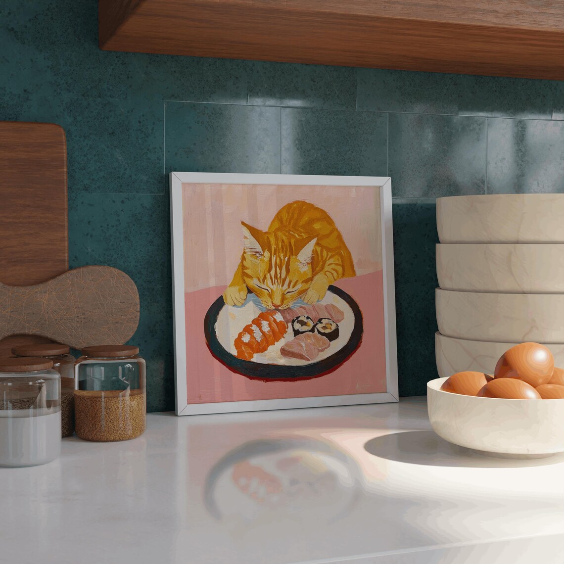 Sushi Orange Tabby Cat Poster, Tokyo Kitchen Art Print