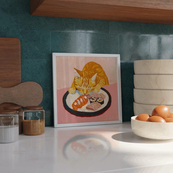 Sushi Orange Tabby Cat Poster, Tokyo Kitchen Art Print