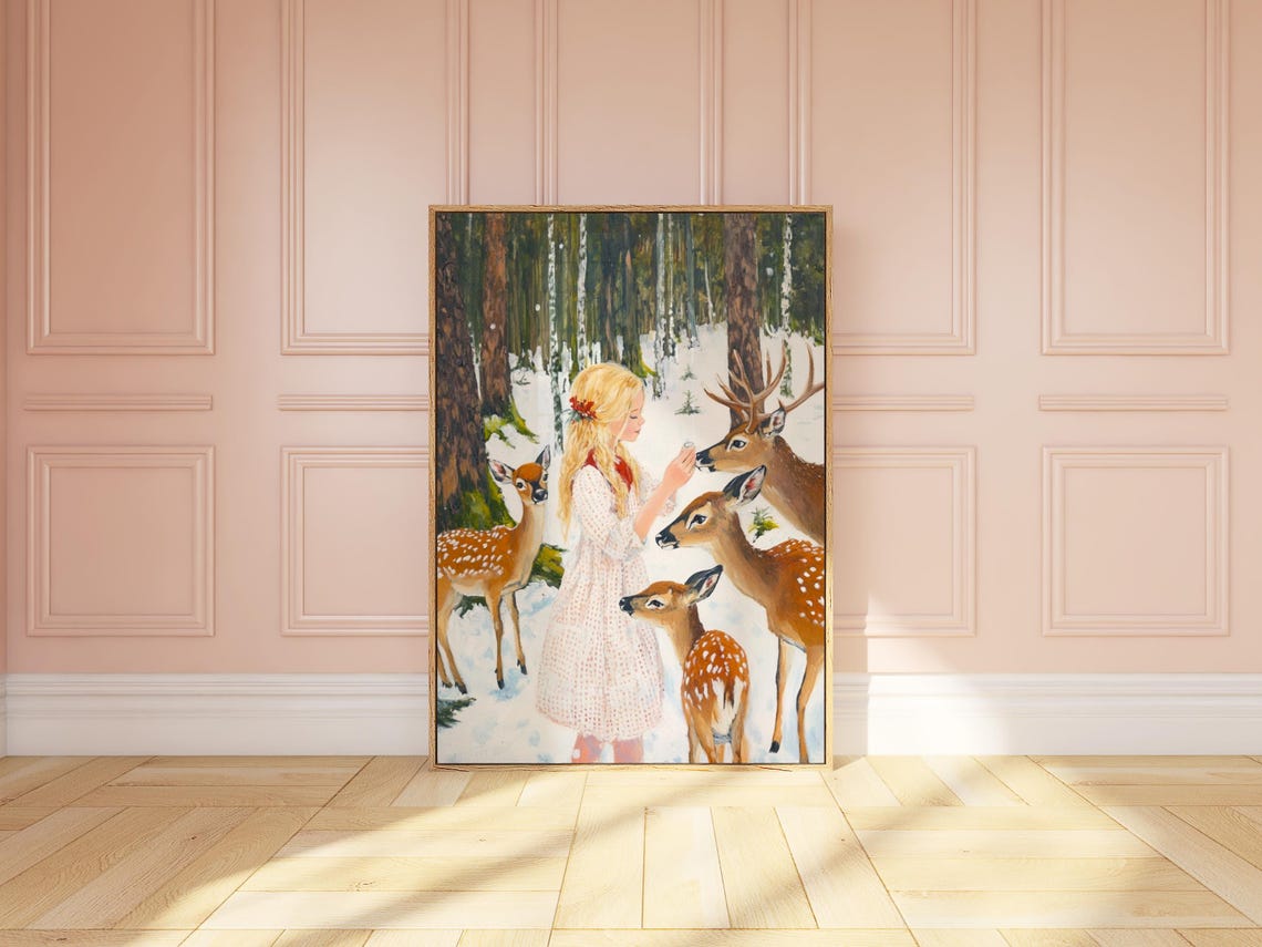 Young Girl in White Dress Feeding Deer in Snowy Forest Poster - Image 3
