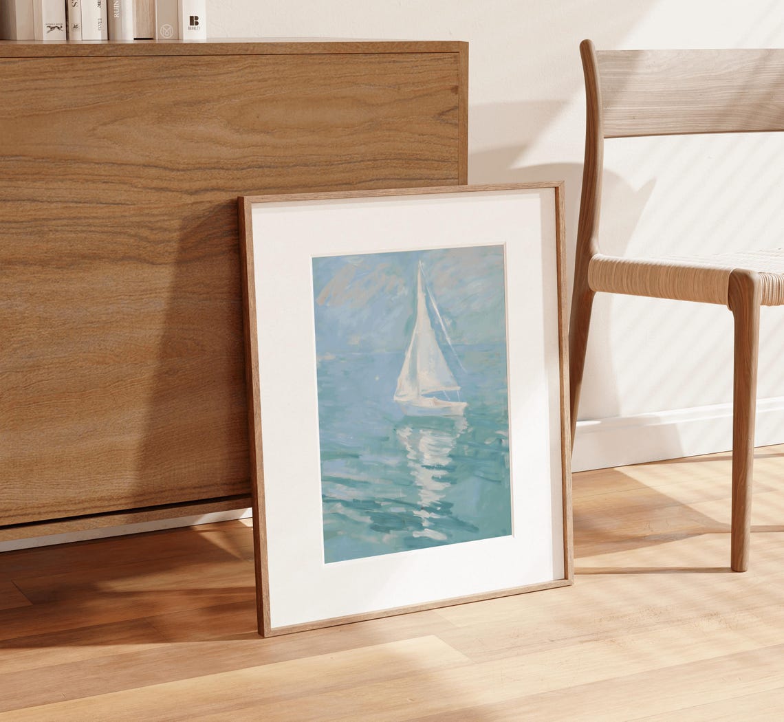 White Sailboat On Turquoise Water Reflection Seascape Poster - Image 3