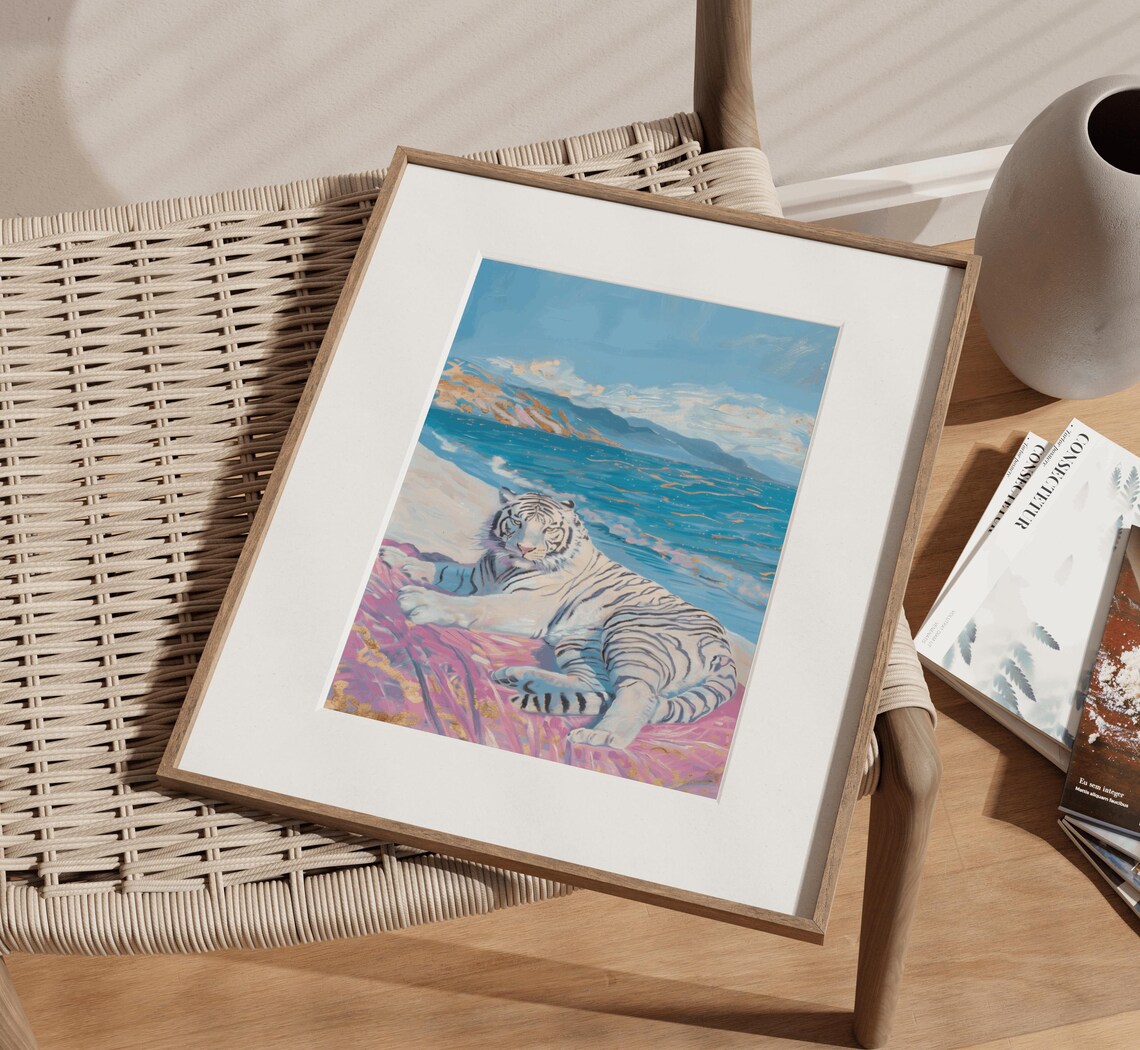 White Albino Tiger Retro Preppy Maximalist Art Print - Image 3