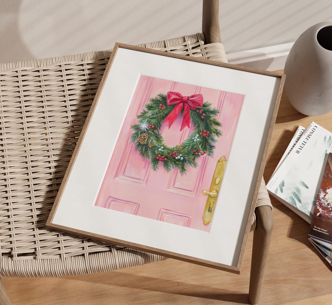 Christmas Wreath Pink Door Feminine Christmas Print Pink Christmas Decor Christmas Wreath Print Christmas Wall Art Farmhouse Christmas - Image 3