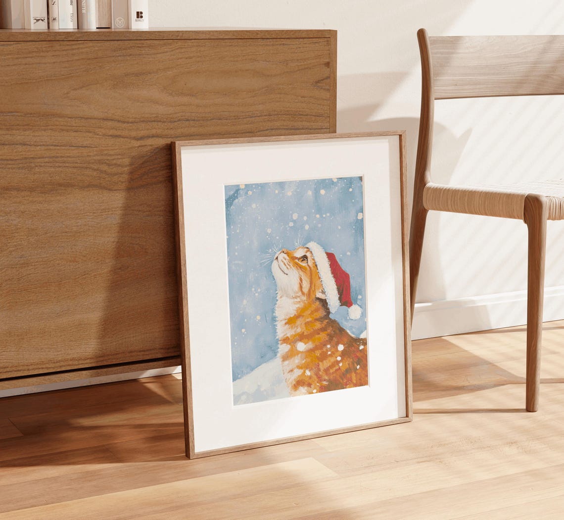 Ginger Cat Santa Hat Watching Falling Snow Blue Winter Poster - Image 2