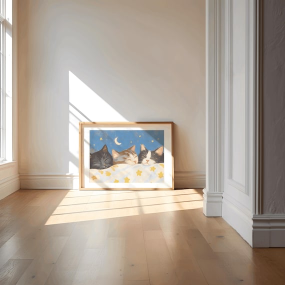 Three Sleeping Kittens Under Starry Blanket Moonlight Poster