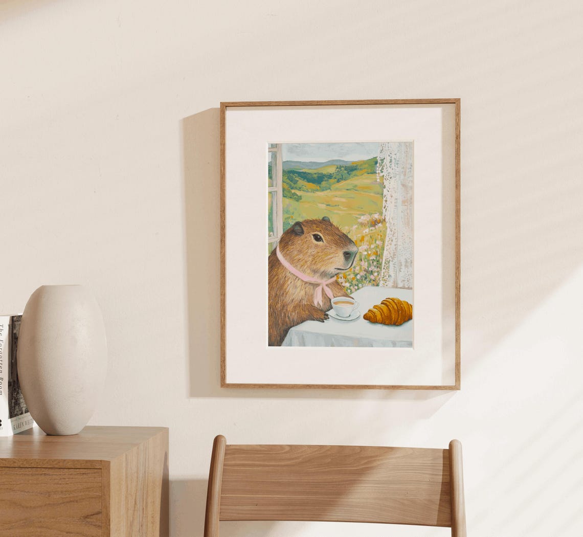 Capybara Cafe Coffee Croissant Cozy Countryside Watercolor Poster - Image 3
