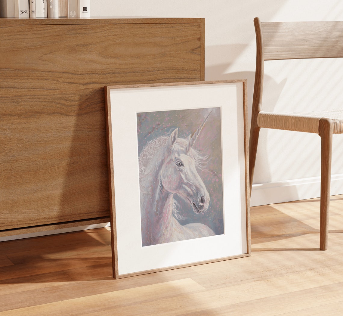White Unicorn Head Pastel Portrait Magical Fantasy Art Print - Image 4