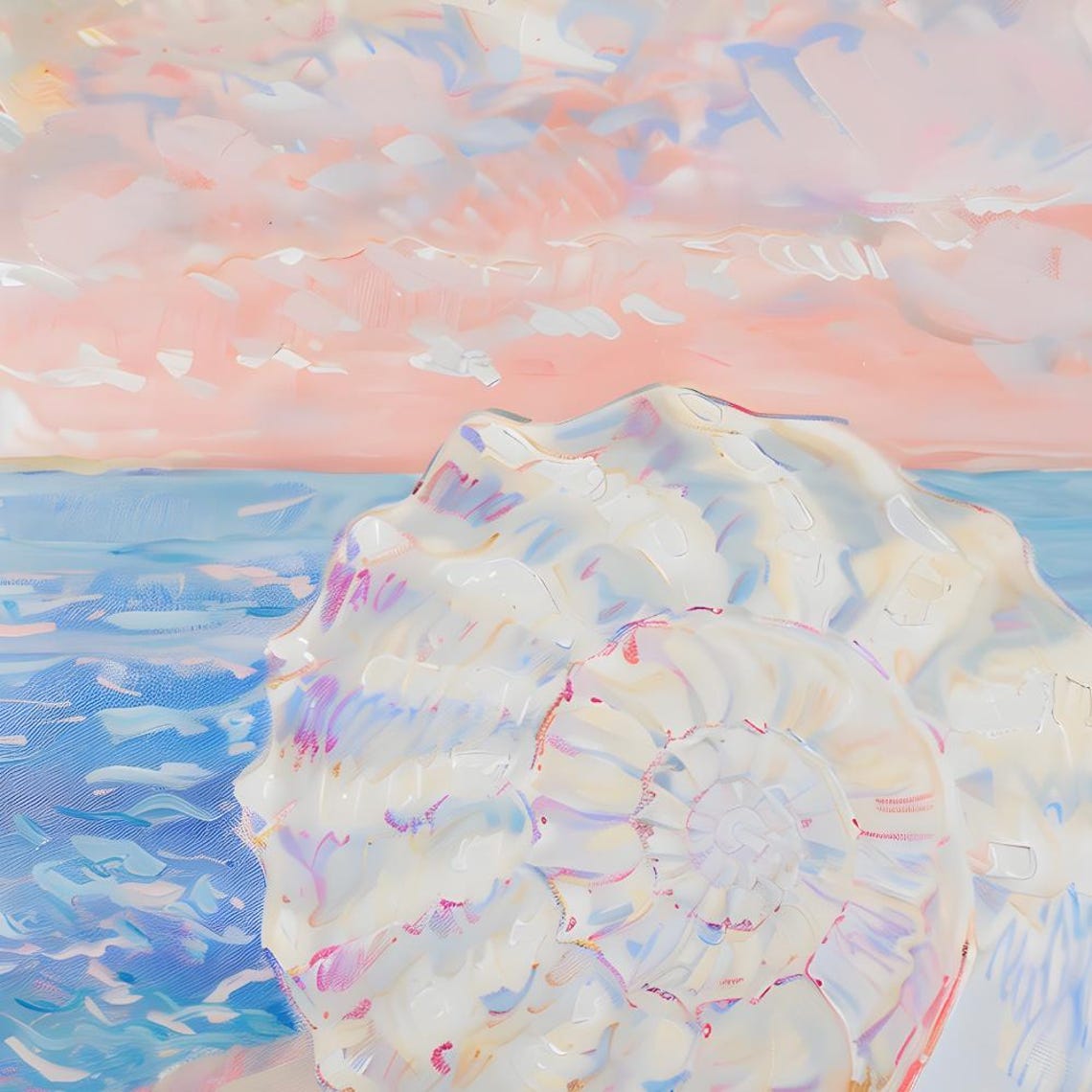 White Seashell Resting On Shore Under Pink Sunset Sky Poster - Image 3