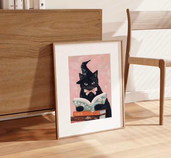 Black Cat Witch Reading Book Pink Halloween Cute Witchy Poster