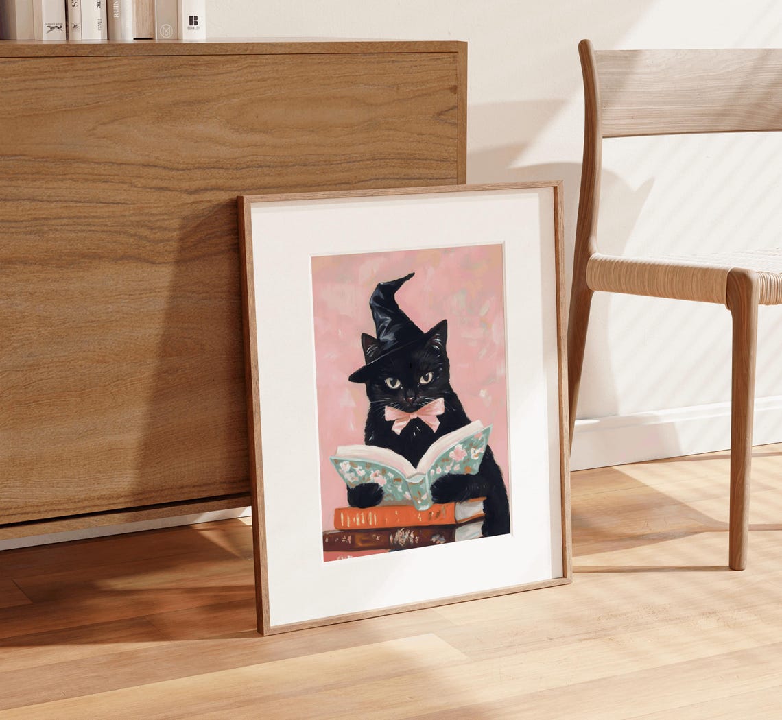 Black Cat Witch Reading Book Pink Halloween Cute Witchy Poster