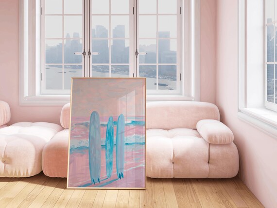 Three Blue Surfboards on Pink Beach Pastel Coastal Art Print